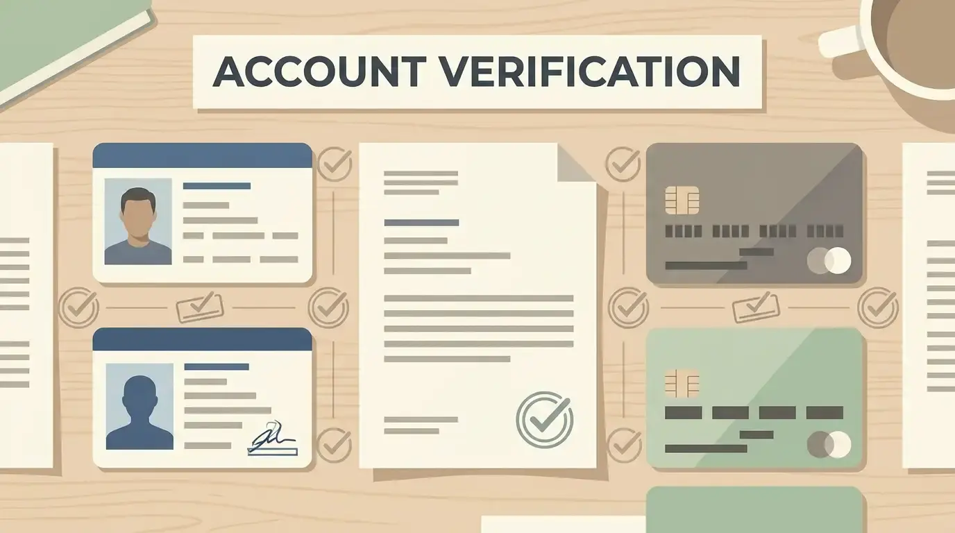 Conceptual verification documents representing identity, address and payment ownership