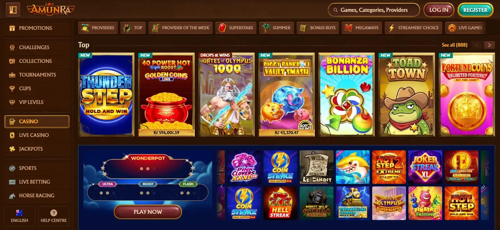 Current AmunRa games lobby and category navigation