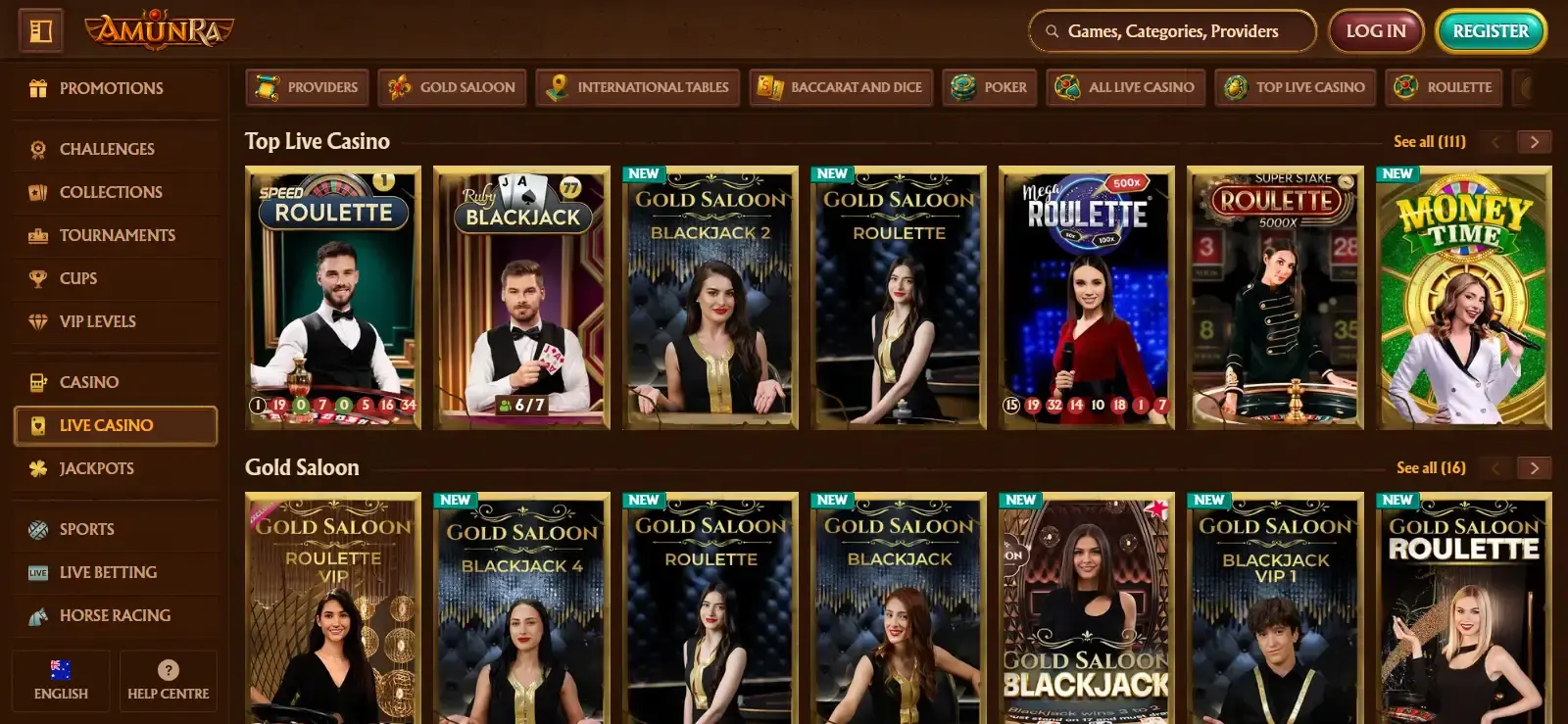 Current AmunRa live casino lobby and its table categories