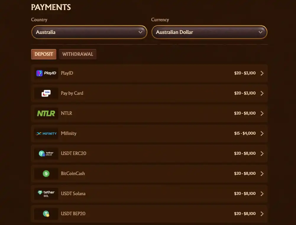 Current AmunRa payments page showing country and currency selectors and deposit and withdrawal tabs