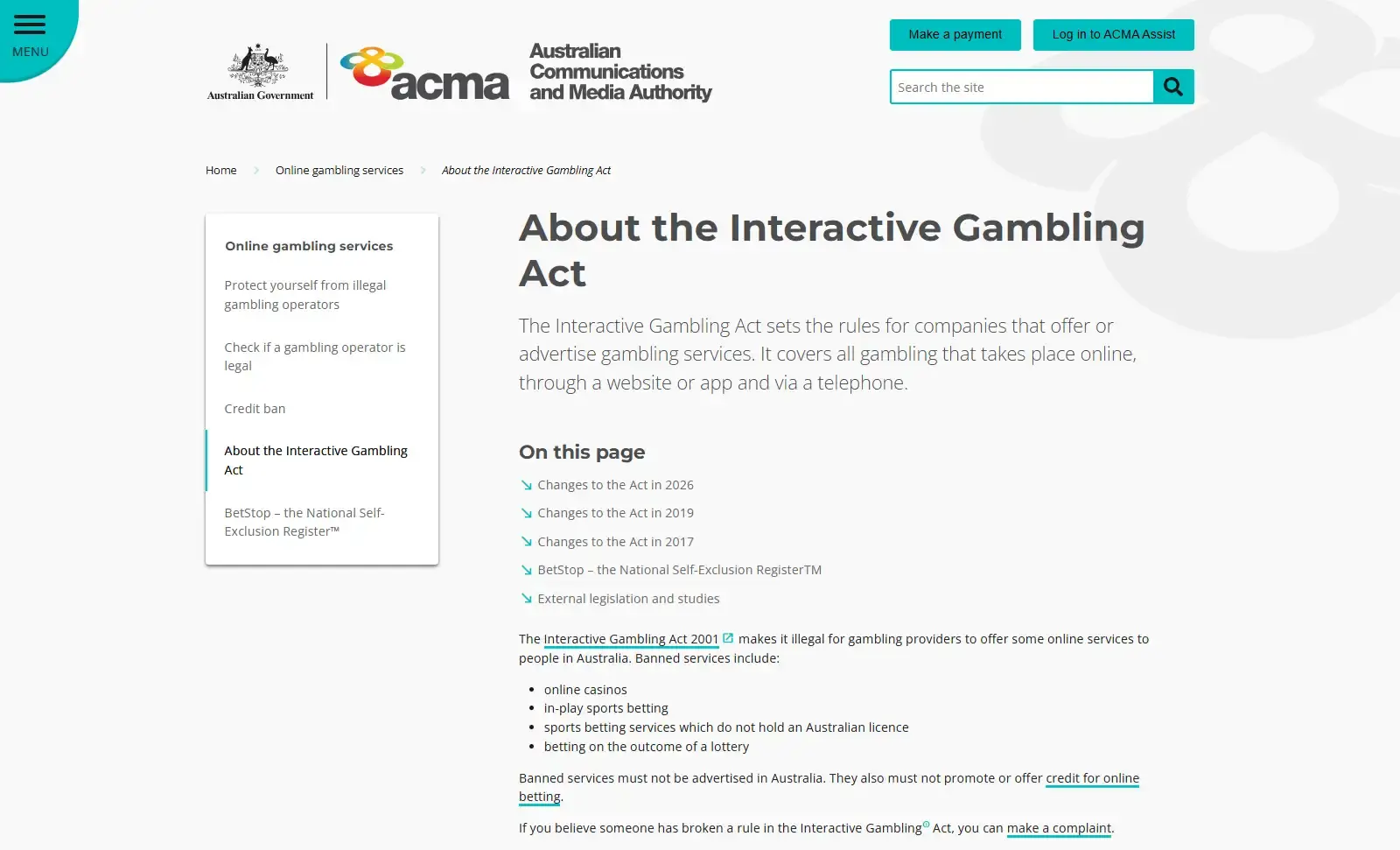 Current view of ACMA Interactive Gambling Act guidance showing banned online casino services