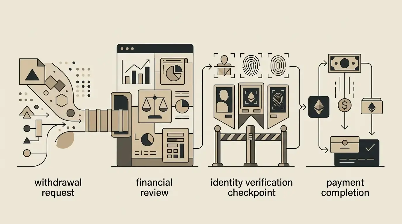 Illustration of a casino withdrawal moving through request, review, verification and payment stages